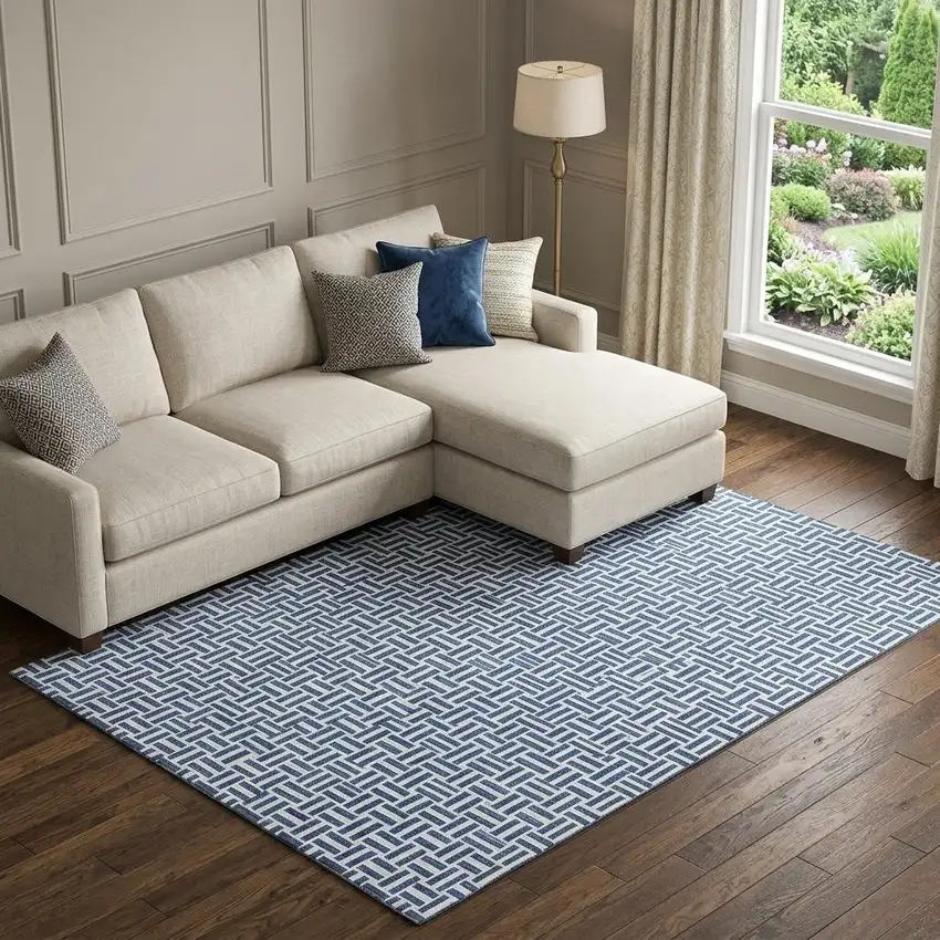 Navy Blue And Ivory Geometric Washable Area Rug With UV Protection Photo 1