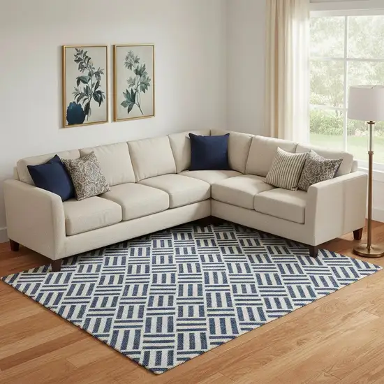 Navy Blue And Ivory Geometric Washable Area Rug With UV Protection Photo 1