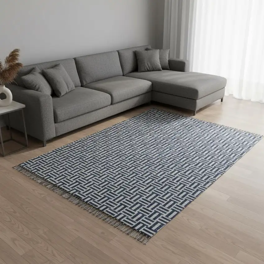 Navy Blue And Ivory Geometric Washable Area Rug With UV Protection Photo 2