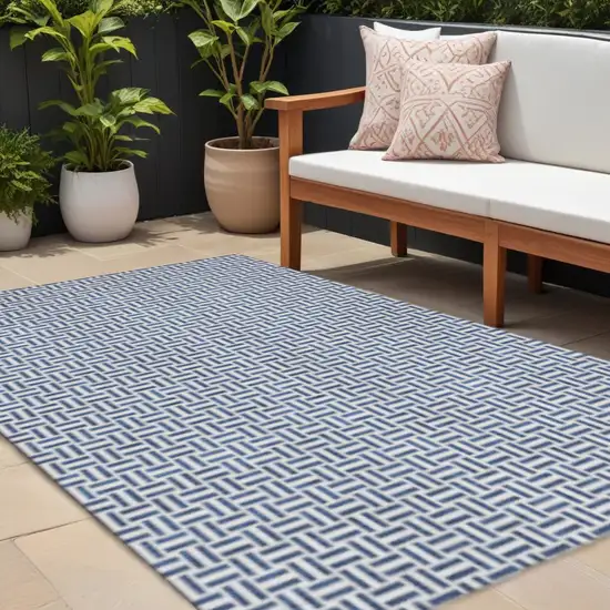 Navy Blue And Ivory Geometric Washable Area Rug With UV Protection Photo 1