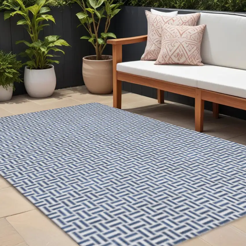 Navy Blue And Ivory Geometric Washable Area Rug With UV Protection Photo 1