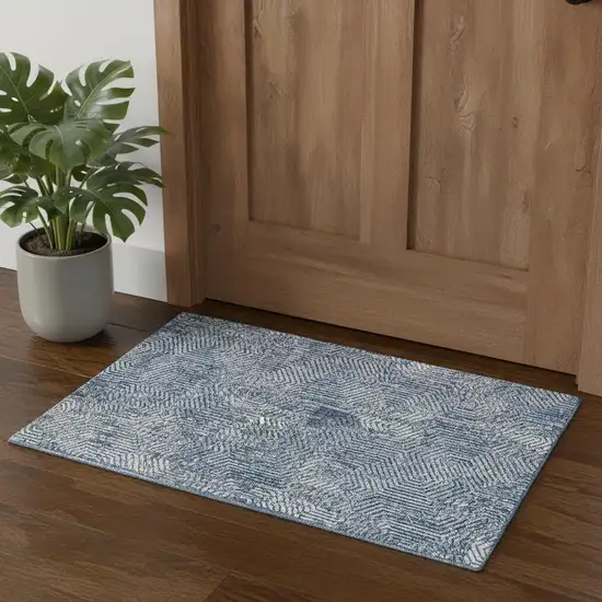 Navy Blue And Ivory Geometric Washable Area Rug With UV Protection Photo 1