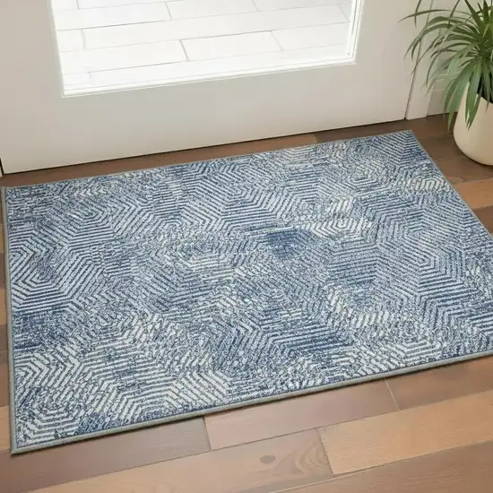 Navy Blue And Ivory Geometric Washable Area Rug With UV Protection Photo 2
