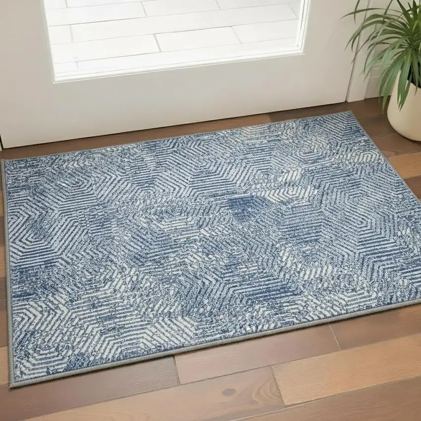 Navy Blue And Ivory Geometric Washable Area Rug With UV Protection Photo 2