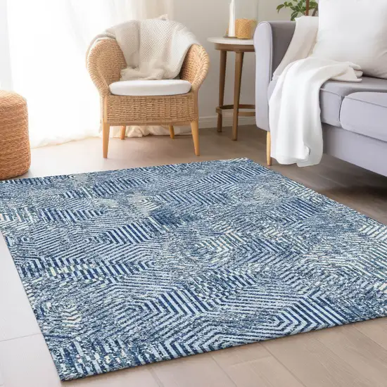 Navy Blue And Ivory Geometric Washable Area Rug With UV Protection Photo 5