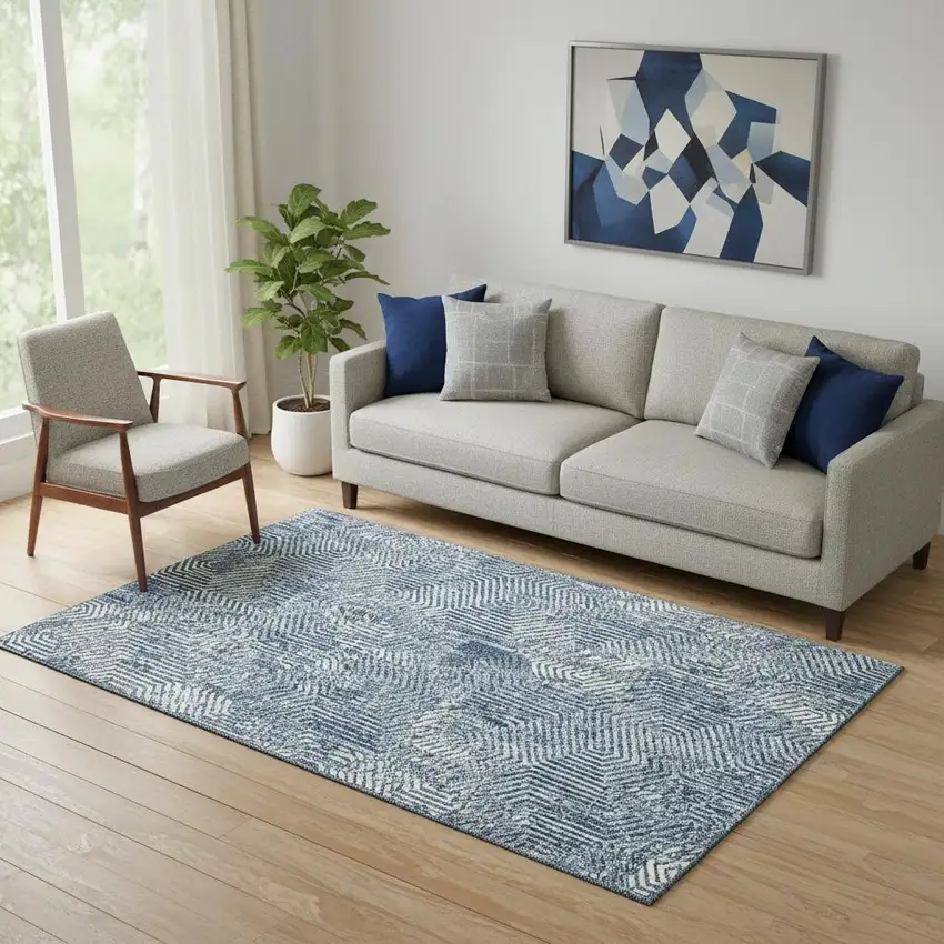 Navy Blue And Ivory Geometric Washable Area Rug With UV Protection Photo 1