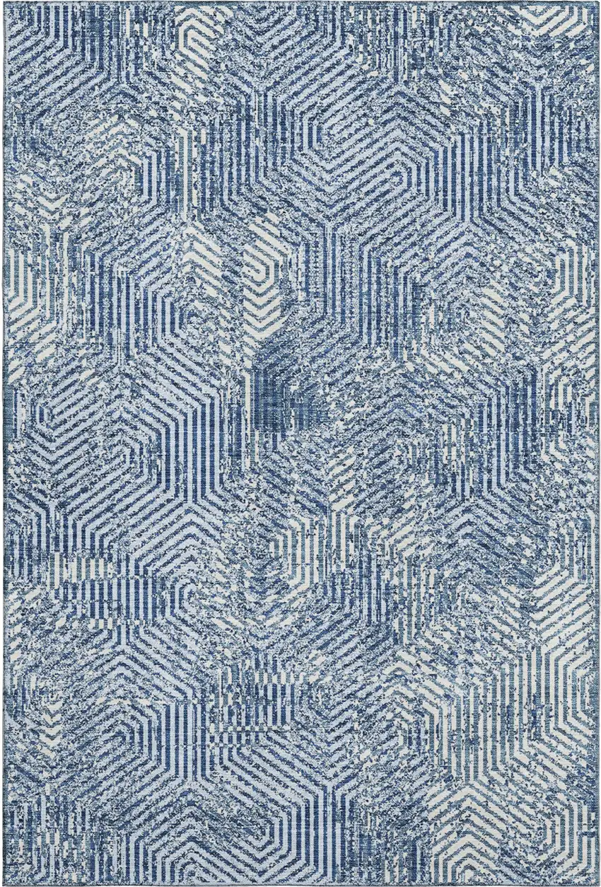 Navy Blue And Ivory Geometric Washable Area Rug With UV Protection Photo 1