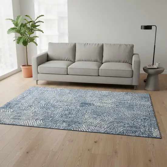 Navy Blue And Ivory Geometric Washable Area Rug With UV Protection Photo 2