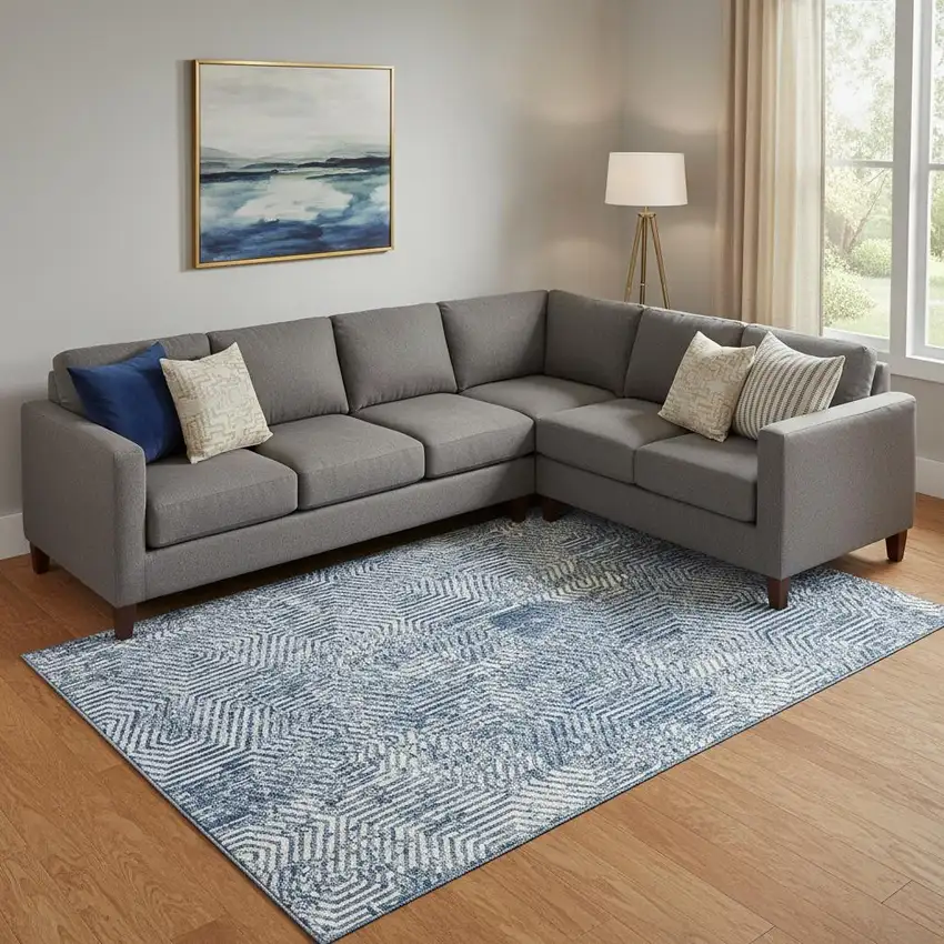 Navy Blue And Ivory Geometric Washable Area Rug With UV Protection Photo 1