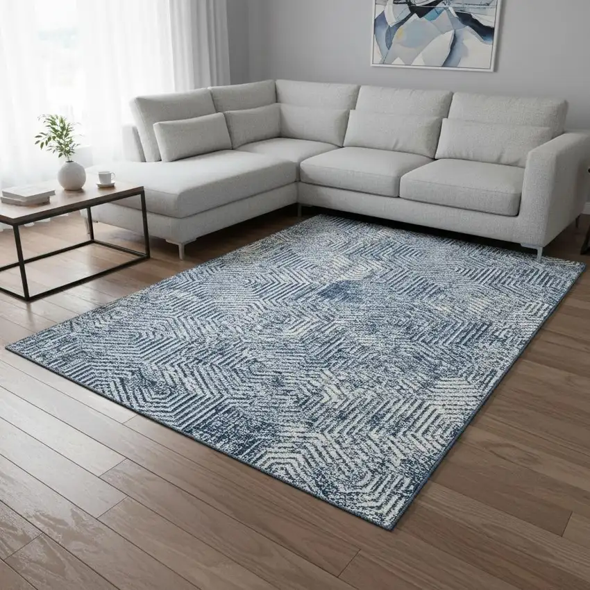 Navy Blue And Ivory Geometric Washable Area Rug With UV Protection Photo 2