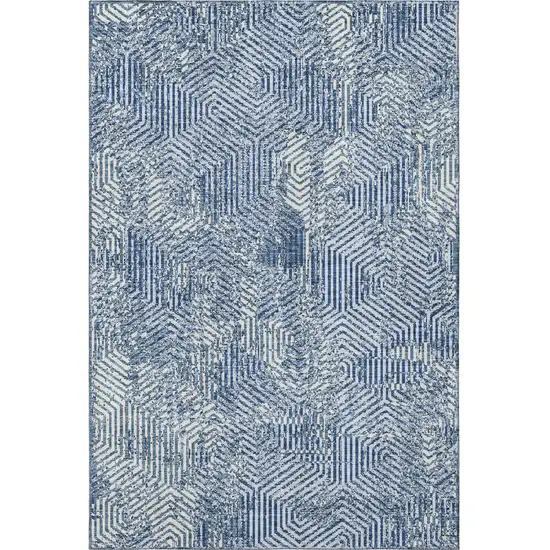 Navy Blue And Ivory Geometric Washable Area Rug With UV Protection Photo 4