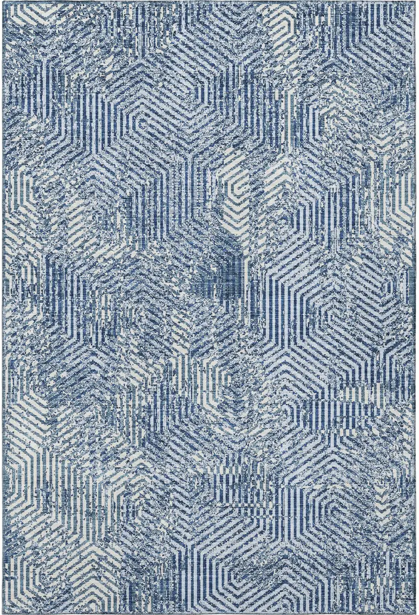 Navy Blue And Ivory Geometric Washable Area Rug With UV Protection Photo 4
