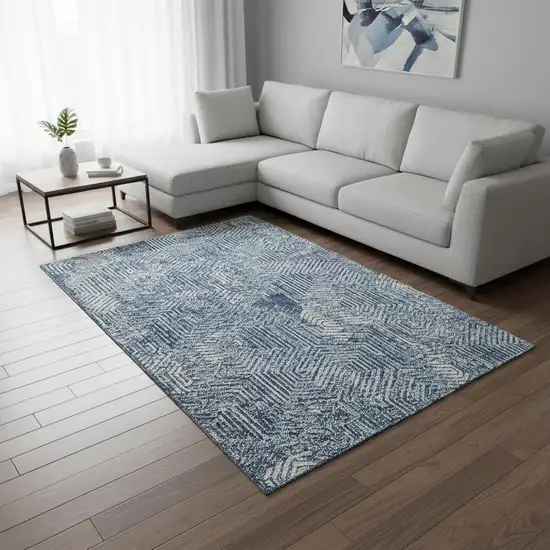 Navy Blue And Ivory Geometric Washable Area Rug With UV Protection Photo 2