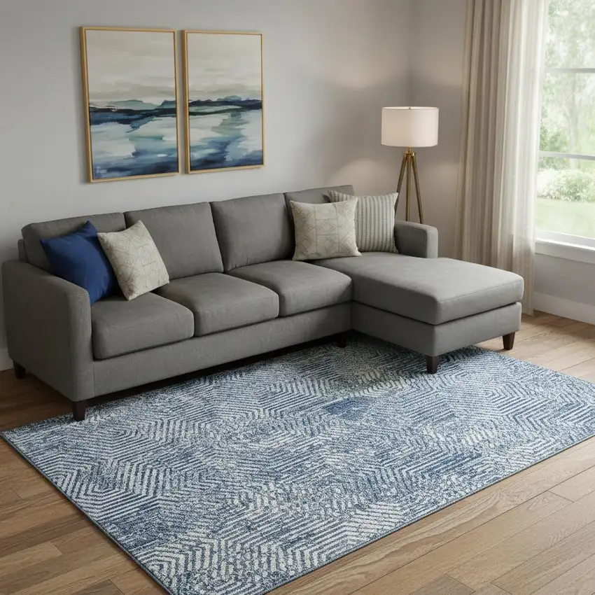 Navy Blue And Ivory Geometric Washable Area Rug With UV Protection Photo 1