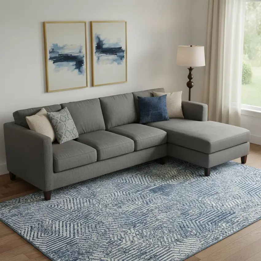 Navy Blue And Ivory Geometric Washable Area Rug With UV Protection Photo 1