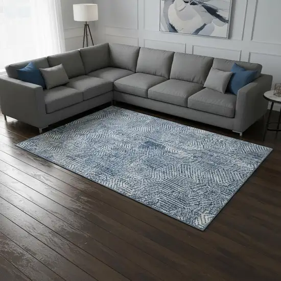 Navy Blue And Ivory Geometric Washable Area Rug With UV Protection Photo 2