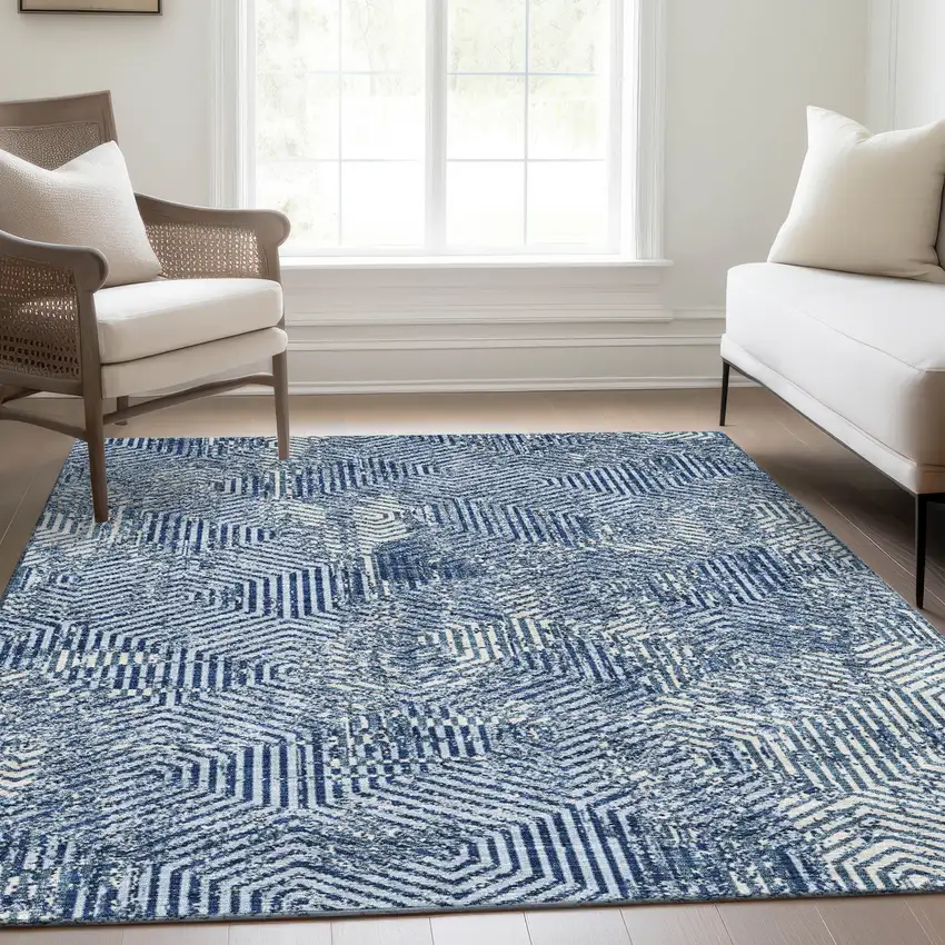 Navy Blue And Ivory Geometric Washable Area Rug With UV Protection Photo 6