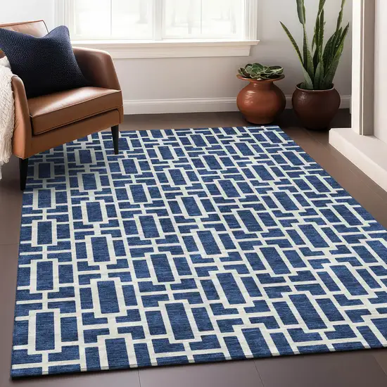Navy Blue And Ivory Geometric Washable Area Rug With UV Protection Photo 5