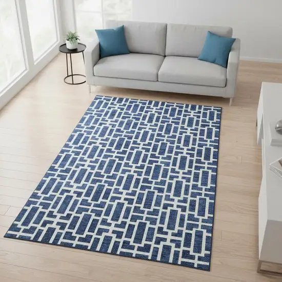 Navy Blue And Ivory Geometric Washable Area Rug With UV Protection Photo 2