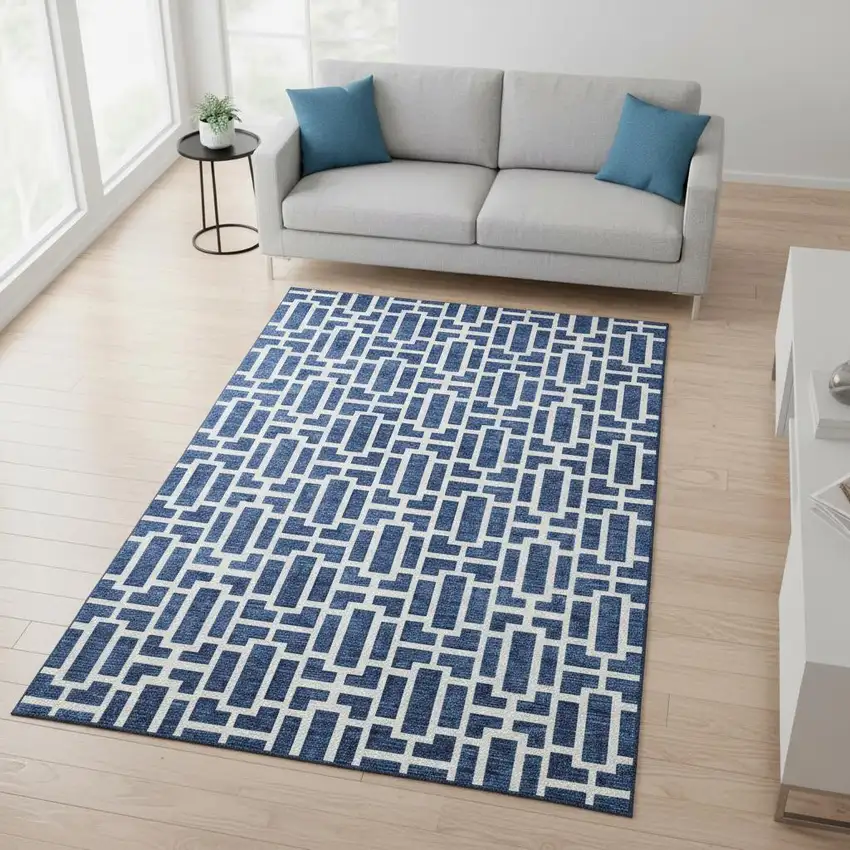 Navy Blue And Ivory Geometric Washable Area Rug With UV Protection Photo 2
