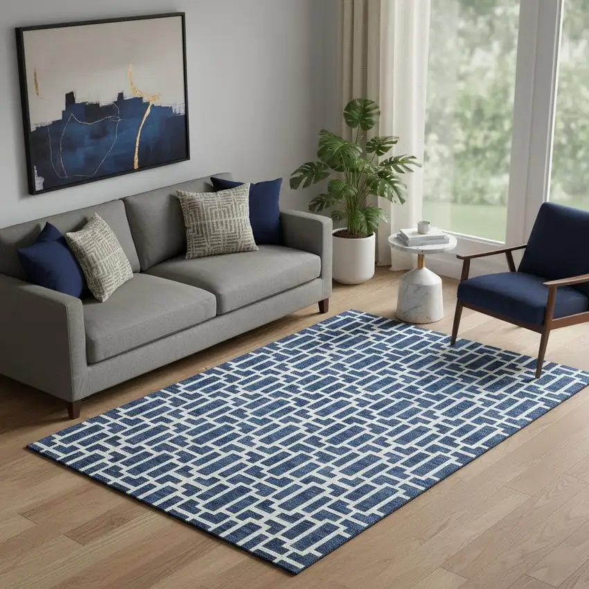 Navy Blue And Ivory Geometric Washable Area Rug With UV Protection Photo 1