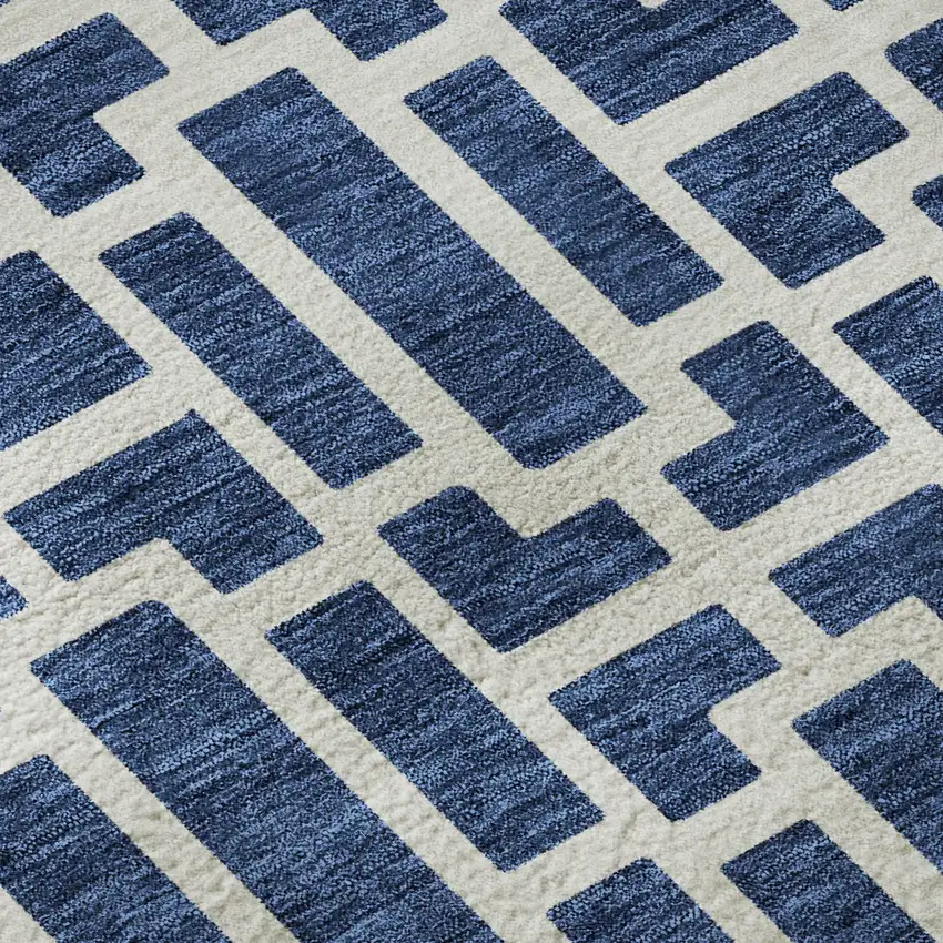 Navy Blue And Ivory Geometric Washable Area Rug With UV Protection Photo 9