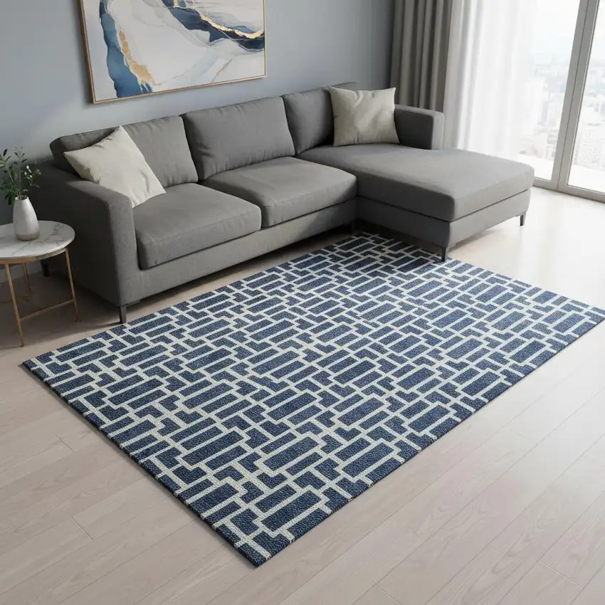 Navy Blue And Ivory Geometric Washable Area Rug With UV Protection Photo 2