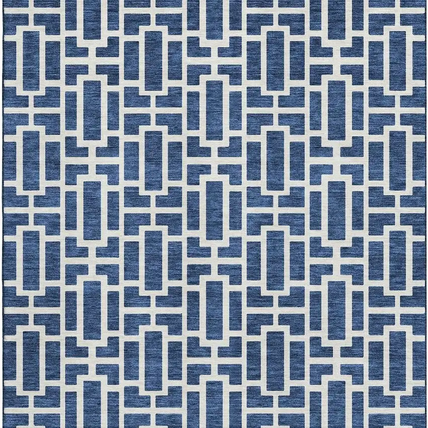 Navy Blue And Ivory Geometric Washable Area Rug With UV Protection Photo 4