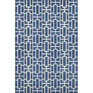 Photo of Navy Blue And Ivory Geometric Washable Area Rug With UV Protection