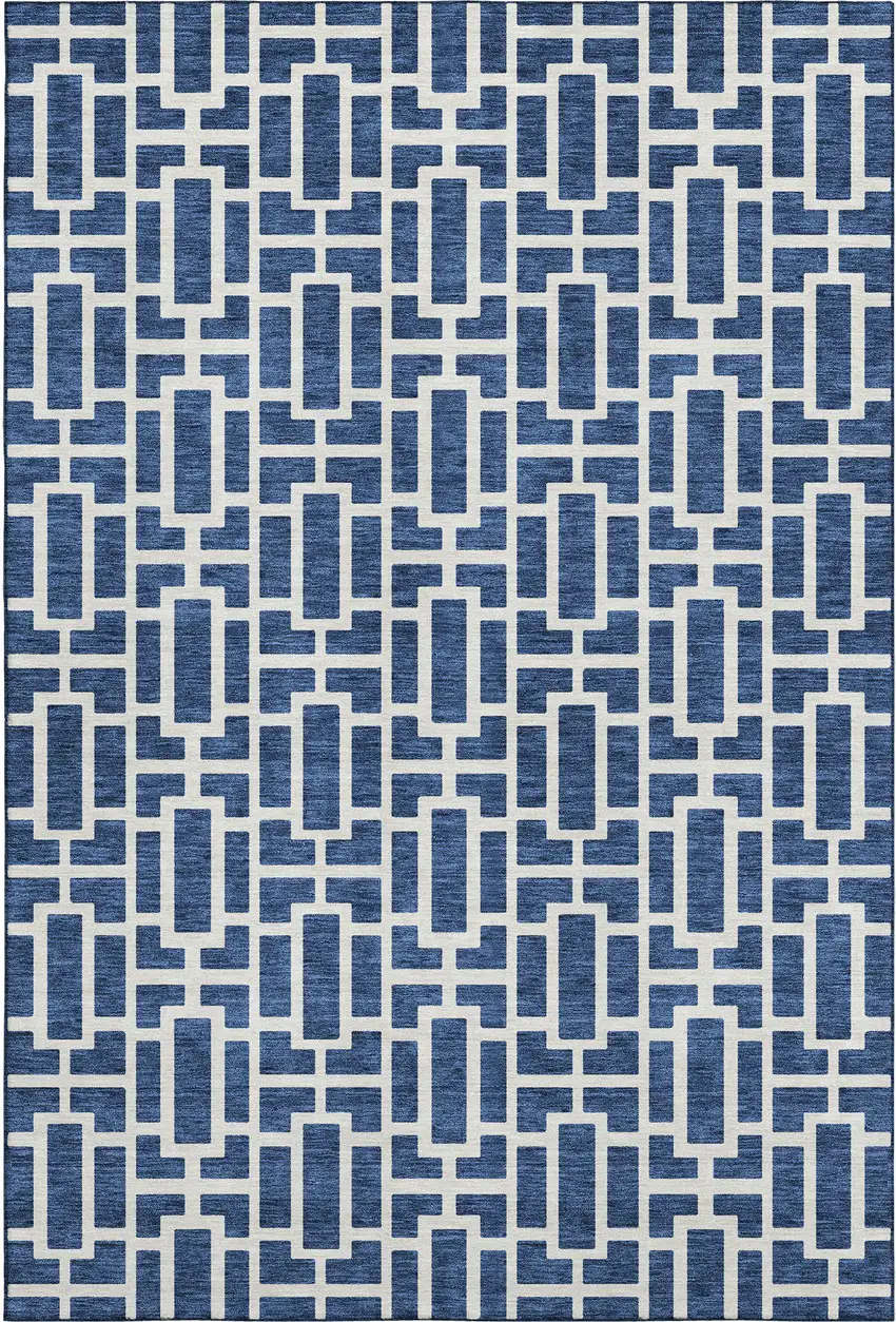 Navy Blue And Ivory Geometric Washable Area Rug With UV Protection Photo 1