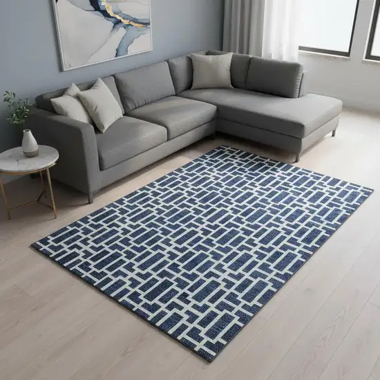 Navy Blue And Ivory Geometric Washable Area Rug With UV Protection Photo 2