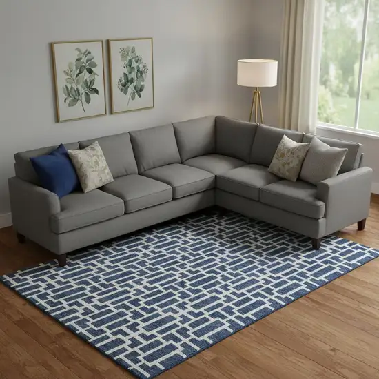 Navy Blue And Ivory Geometric Washable Area Rug With UV Protection Photo 1