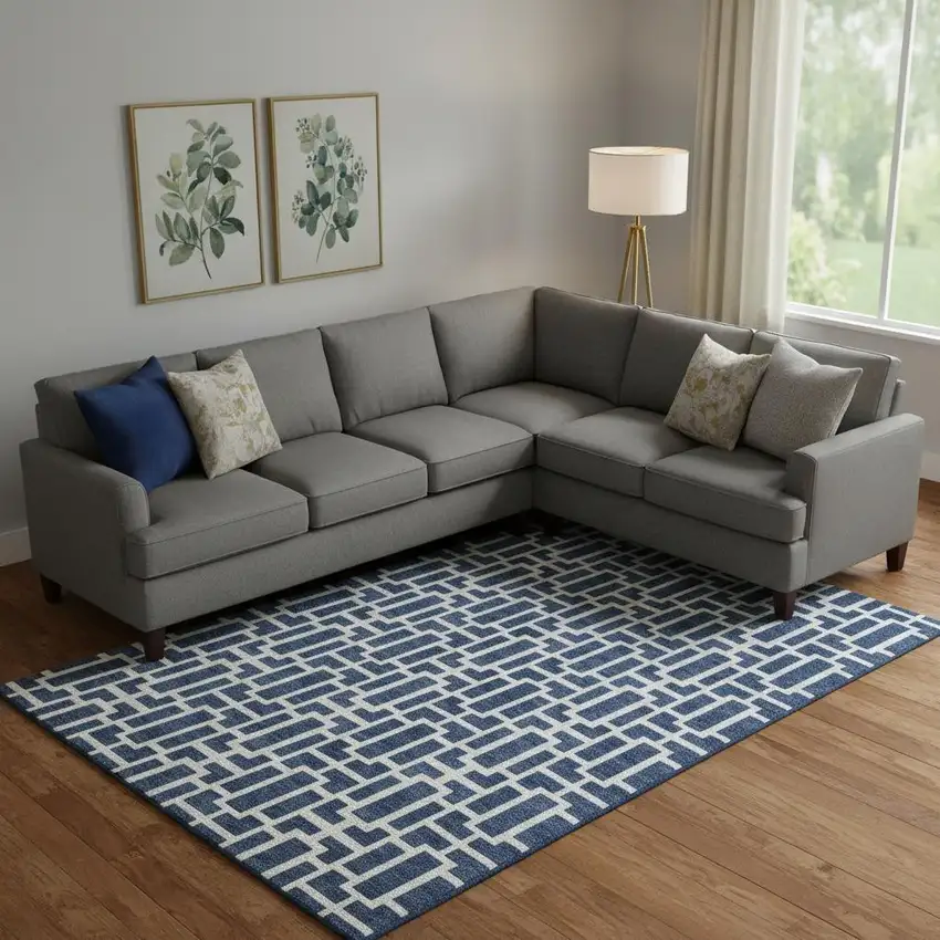 Navy Blue And Ivory Geometric Washable Area Rug With UV Protection Photo 1