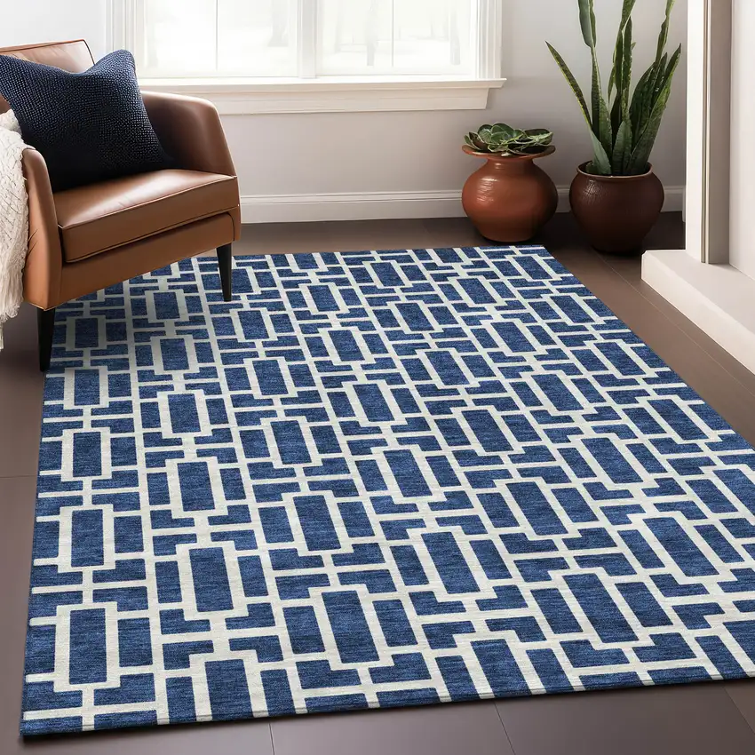 Navy Blue And Ivory Geometric Washable Area Rug With UV Protection Photo 5