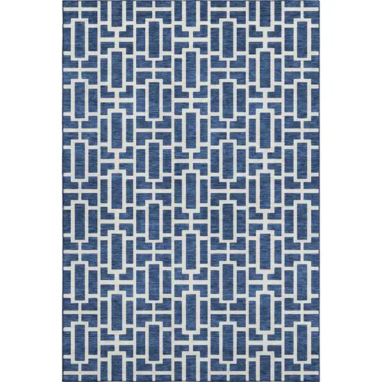 Navy Blue And Ivory Geometric Washable Area Rug With UV Protection Photo 1