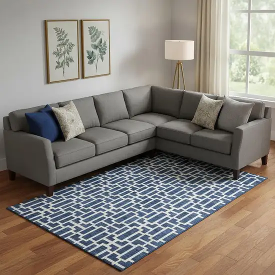 Navy Blue And Ivory Geometric Washable Area Rug With UV Protection Photo 1