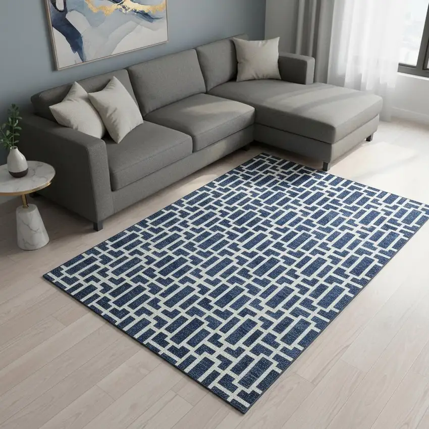 Navy Blue And Ivory Geometric Washable Area Rug With UV Protection Photo 2