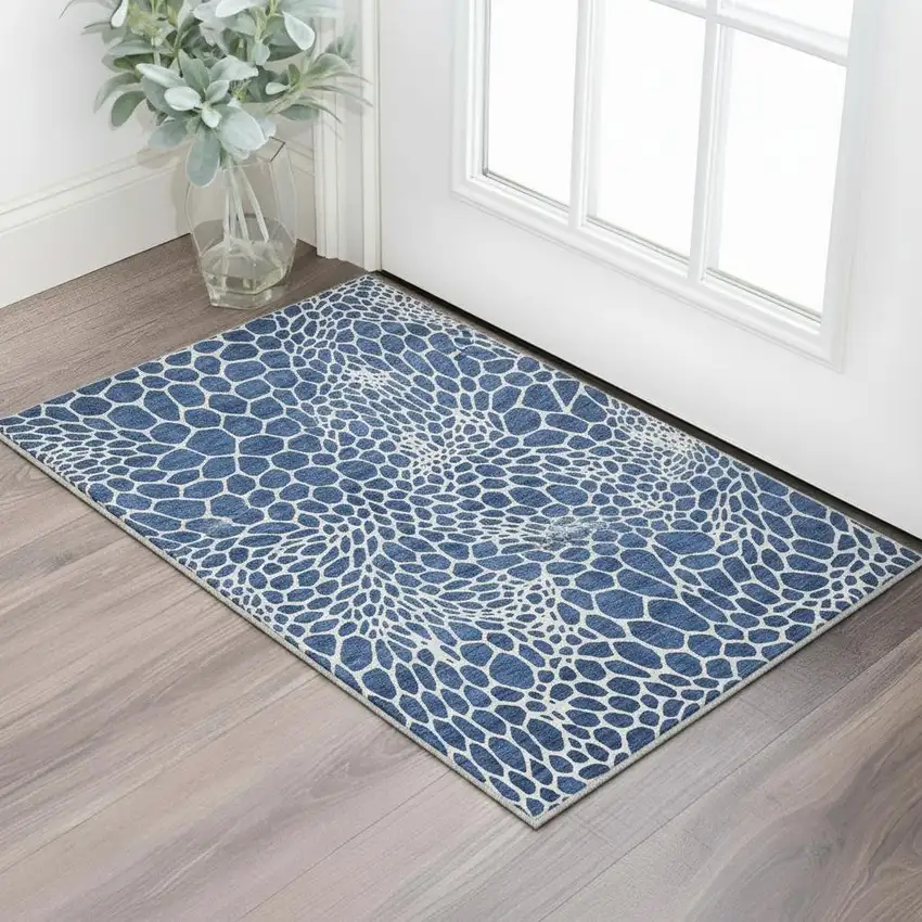 Navy Blue And Ivory Geometric Washable Area Rug With UV Protection Photo 2