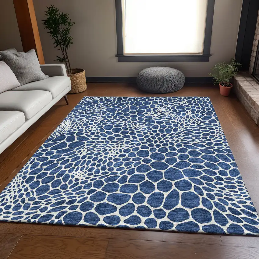 Navy Blue And Ivory Geometric Washable Area Rug With UV Protection Photo 5