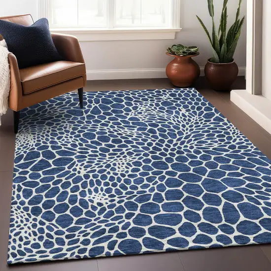 Navy Blue And Ivory Geometric Washable Area Rug With UV Protection Photo 4