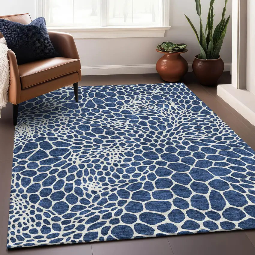 Navy Blue And Ivory Geometric Washable Area Rug With UV Protection Photo 5