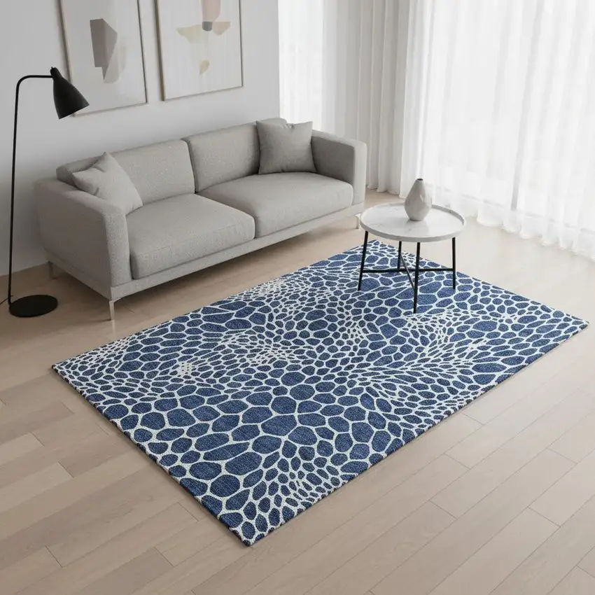 Navy Blue And Ivory Geometric Washable Area Rug With UV Protection Photo 2