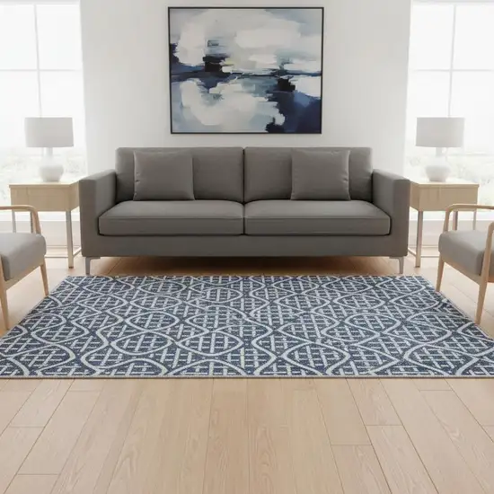 Navy Blue And Ivory Geometric Washable Area Rug With UV Protection Photo 2