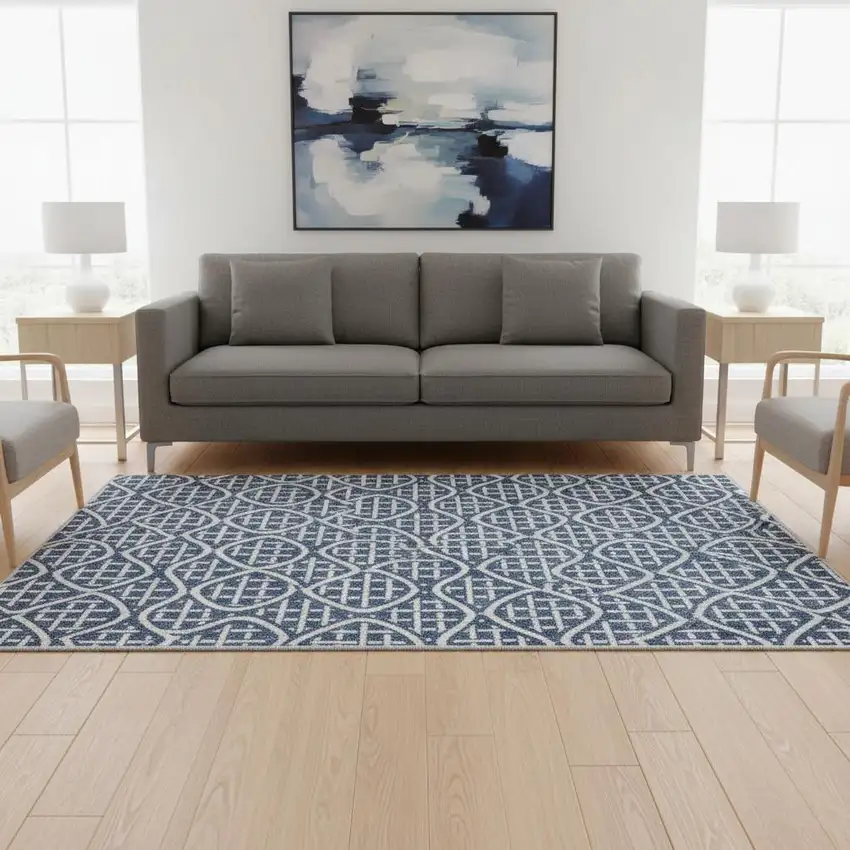 Navy Blue And Ivory Geometric Washable Area Rug With UV Protection Photo 2