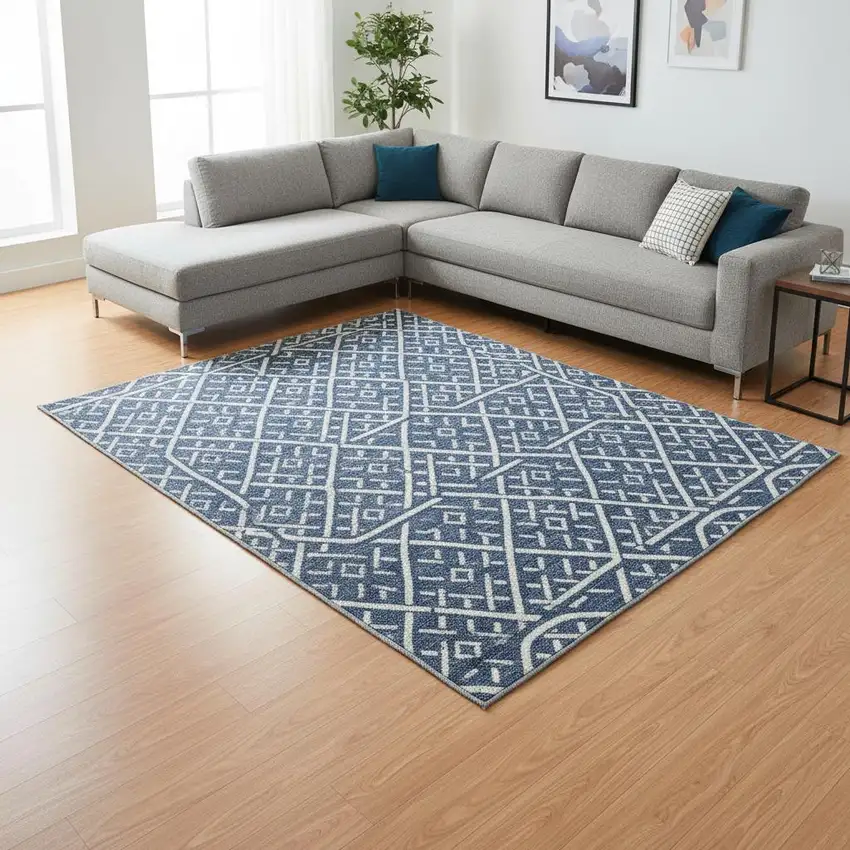 Navy Blue And Ivory Geometric Washable Area Rug With UV Protection Photo 2