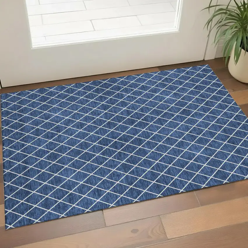 Navy Blue And Ivory Geometric Washable Area Rug With UV Protection Photo 1