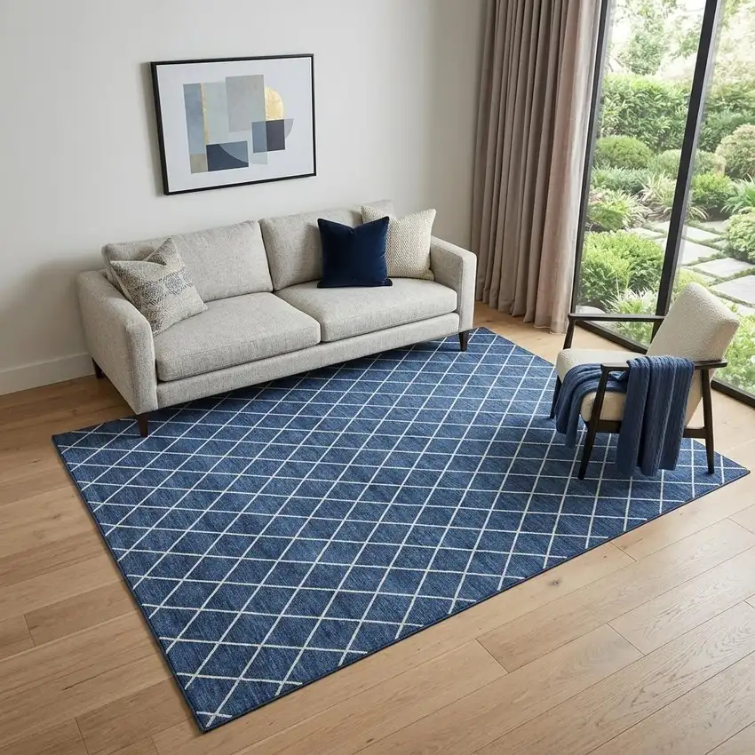Navy Blue And Ivory Geometric Washable Area Rug With UV Protection Photo 1