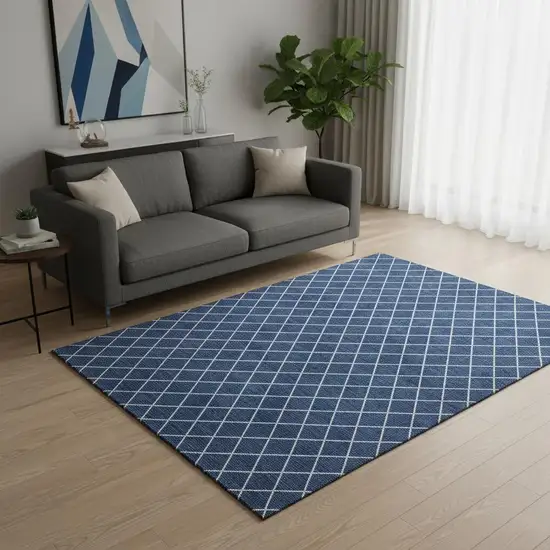Navy Blue And Ivory Geometric Washable Area Rug With UV Protection Photo 2
