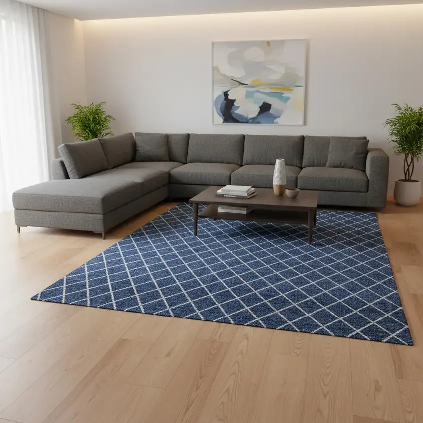 Navy Blue And Ivory Geometric Washable Area Rug With UV Protection Photo 2