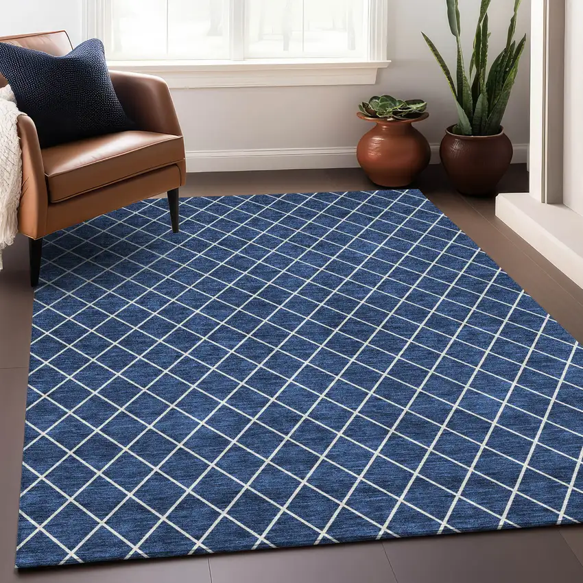 Navy Blue And Ivory Geometric Washable Area Rug With UV Protection Photo 4
